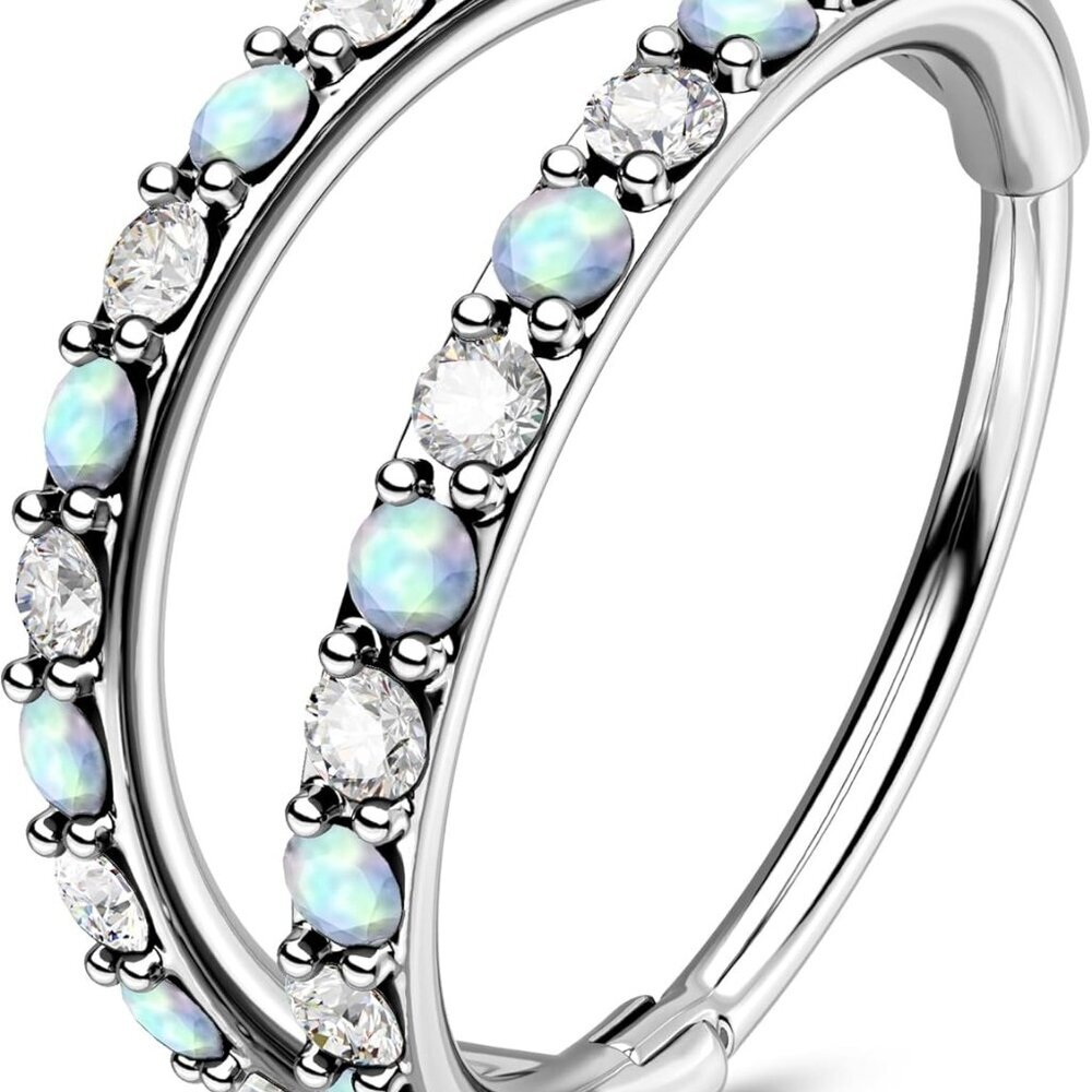 Nose Rings 20g Surgical Steel Double Hoop Cz Opal Piercing Jewelry